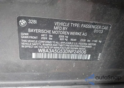 2013 BMW 328I from USA, damaged, VIN WBA3A5G53DNP24506